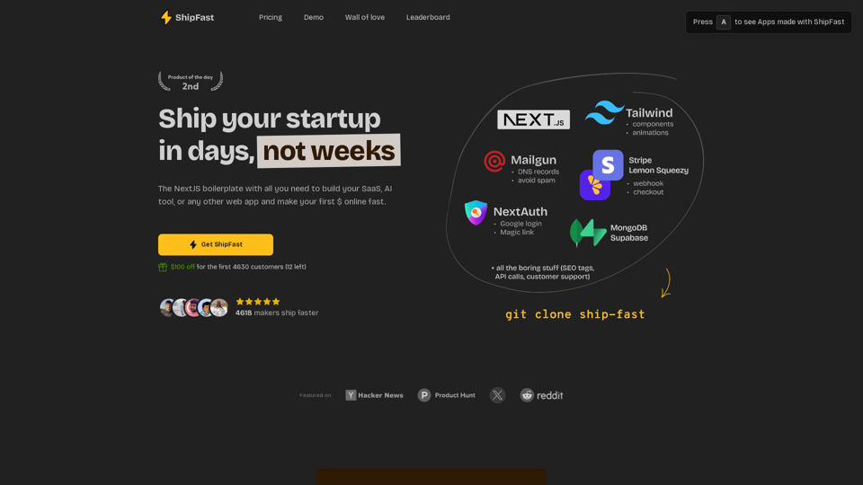 Launch Your Startup in Days, Not Weeks | ShipFast 网站截图