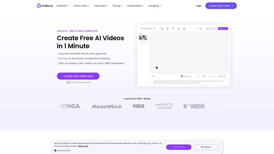 Vidnoz AI: Create FREE AI Videos 10X Faster Online 网站截图